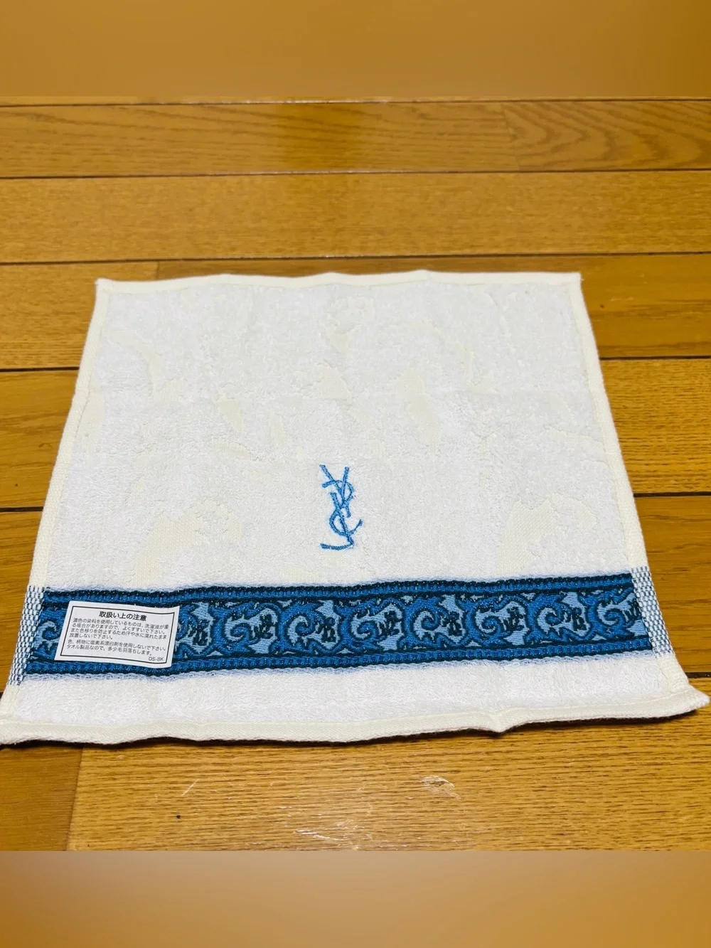 Yves Saint Laurent White Towel with Blue Embroidered YSL size 23cm 9”